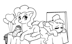 Size: 1600x971 | Tagged: safe, artist:raph13th, pinkie pie, rainbow dash, earth pony, pegasus, pony, balloon, bed, black and white, cast, female, grayscale, lesbian, lineart, looking at you, mare, missing cutie mark, monochrome, nurse, on bed, pinkiedash, prone, shipping, simple background, sleeping, white background