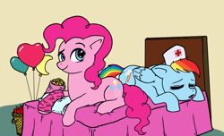 Size: 1600x971 | Tagged: safe, artist:plasters-ponies, artist:raph13th, pinkie pie, rainbow dash, earth pony, pegasus, pony, balloon, bed, cast, colored, female, hat, lesbian, looking at you, mare, nurse, nurse hat, on bed, pinkiedash, prone, shipping, sleeping