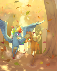 Size: 1024x1280 | Tagged: safe, artist:kaakaosusi, applejack, rainbow dash, earth pony, pegasus, pony, autumn, running, running of the leaves, spread wings, tree