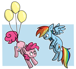 Size: 796x730 | Tagged: safe, artist:barpoet, pinkie pie, rainbow dash, earth pony, pegasus, pony, balloon, flying, then watch her balloons lift her up to the sky