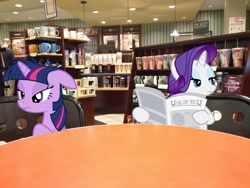 Size: 3264x2448 | Tagged: safe, artist:serindo, derpibooru import, rarity, twilight sparkle, pony, high res, irl, newspaper, photo, ponies in real life, starbucks, vector
