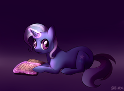 Size: 1748x1289 | Tagged: safe, artist:bae-mon, derpibooru import, trixie, pony, unicorn, female, gradient background, looking at you, magic, mare, prone, reading, solo