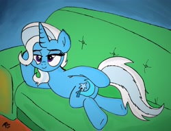 Size: 4100x3125 | Tagged: safe, artist:brekrofmadness, derpibooru import, trixie, pony, unicorn, road to friendship, draw me like one of your french girls, female, looking back, mare, prone, scene interpretation, sofa, solo