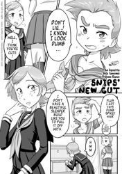 Size: 885x1254 | Tagged: safe, artist:reavz, snails, snips, comic:snips' new cut, equestria girls, blushing, clothes, crossdressing, cute, dialogue, duo, freckles, male, monochrome, open mouth, school uniform, skirt, speech bubble, stockings, thigh highs