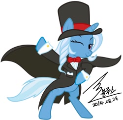 Size: 900x872 | Tagged: safe, artist:bluse, derpibooru import, trixie, pony, unicorn, background removed, clothes, female, hat, magic, mare, show accurate, signature, simple background, solo, top hat, tuxedo, white background, wink