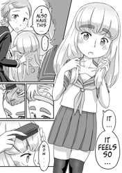 Size: 885x1254 | Tagged: safe, artist:reavz, snails, snips, comic:snips' new cut, equestria girls, blushing, clothes, crossdressing, cute, dialogue, duo, freckles, hairbrush, male, monochrome, open mouth, school uniform, skirt, speech bubble, stockings, thigh highs, wig