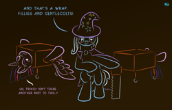 Size: 855x550 | Tagged: safe, artist:quint-t-w, derpibooru import, trixie, twilight sparkle, twilight sparkle (alicorn), alicorn, pony, box, box sawing trick, dialogue, female, gradient background, half, magic, magic trick, mare, modular, saw