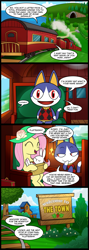 Size: 713x2000 | Tagged: safe, artist:madmax, angel bunny, fluttershy, rover, pegasus, pony, comic:the town, animal crossing, basket, comic, crossover, hat, train