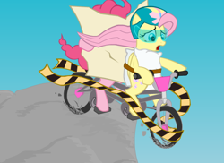 Size: 550x400 | Tagged: safe, artist:haileyguilford, fluttershy, pinkie pie, earth pony, pegasus, pony, bicycle, ride to conquer cancer