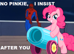 Size: 600x441 | Tagged: safe, pinkie pie, earth pony, pony, 60s spider-man, cannon penis, meme, party cannon, spider-man