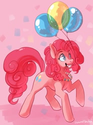 Size: 611x821 | Tagged: safe, artist:caramelbrulee, pinkie pie, earth pony, pony, balloon, female, mouth hold, solo