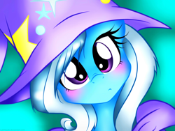 Size: 4896x3672 | Tagged: safe, artist:laliiyeaah, derpibooru import, edit, trixie, pony, unicorn, :<, blushing, cute, diatrixes, female, frown, head tilt, looking at you, mare, solo