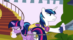 Size: 640x355 | Tagged: safe, screencap, shining armor, twilight sparkle, pony, unicorn, a canterlot wedding, mlp-captions, youtube caption