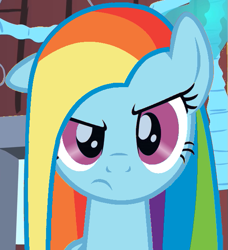 Size: 579x634 | Tagged: safe, rainbow dash, party of one, frown, looking at you, pinkamena diane pie, rainbowmena, recolor, solo