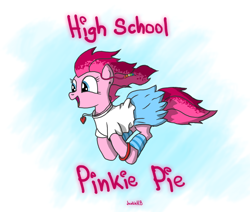 Size: 1926x1633 | Tagged: safe, artist:junkiekb, pinkie pie, earth pony, pony, clothes, heart, high school, jewelry, necklace, solo, teenager, windswept mane