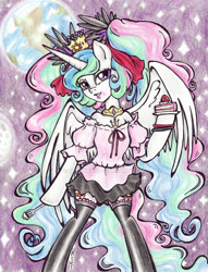 Size: 900x1176 | Tagged: safe, artist:oriwhitedeer, princess celestia, alicorn, pony, semi-anthro, bipedal, both cutie marks, cake, clothes, crossover, fork, hatsune miku, looking at you, shirt, skirt, socks, solo, spread wings, thigh highs, traditional art, vocaloid, world is mine