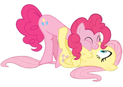 Size: 2000x1421 | Tagged: dead source, safe, artist:federalelephant, fluttershy, pinkie pie, earth pony, pegasus, pony, eyes closed, female, flutterpie, kissing, legs in air, lesbian, mouth to mouth, puffy cheeks, shipping