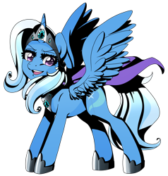 Size: 1600x1679 | Tagged: safe, artist:linamomoko, derpibooru import, trixie, alicorn, pony, jewelry, looking at you, open mouth, race swap, simple background, smiling, solo, spread wings, transparent background, trixiecorn, vector