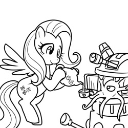 Size: 1000x1000 | Tagged: safe, artist:madmax, fluttershy, pegasus, pony, dalek, monochrome, tea