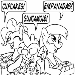 Size: 1000x1000 | Tagged: safe, artist:madmax, derpy hooves, pinkie pie, spike, dragon, pegasus, pony, avocado, cupcake, empanada, female, guacamole, mare, monochrome, nachos