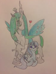 Size: 960x1280 | Tagged: safe, artist:buttermilk-spirit, derpibooru import, queen chrysalis, trixie, changeling, changeling queen, pony, unicorn, female, heart, lesbian, mare, shipping, traditional art