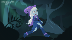 Size: 3999x2249 | Tagged: safe, artist:metalhead97, derpibooru import, trixie, equestria girls, boots, bush, cape, clothes, dress, fall formal outfits, female, forest, frightened, hat, high heel boots, running, scared, scary, shoes, show accurate, solo, tree branch, trixie's cape, trixie's hat