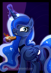 Size: 1113x1586 | Tagged: safe, artist:xwhitedreamsx, princess luna, alicorn, pony, cake, cute, eating, magic, solo, surprised, telekinesis