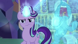 Size: 1280x720 | Tagged: safe, derpibooru import, screencap, starlight glimmer, trixie, pony, unicorn, to where and back again, duo, force field, glowing horn, magic, screaming