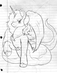 Size: 751x960 | Tagged: safe, artist:nightmareeclipse, princess luna, lamia, original species, lined paper, monochrome, princess, solo, species swap, traditional art