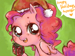 Size: 400x300 | Tagged: safe, artist:pasuteru-usagi, pinkie pie, earth pony, pony, bust, christmas, dialogue, female, hat, holiday, looking at you, mare, open mouth, present, raised hoof, santa hat, smiling, solo, speech bubble