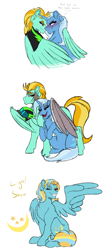 Size: 1714x4096 | Tagged: safe, artist:percy-mcmurphy, derpibooru import, lightning dust, trixie, oc, oc:light show, pegasus, pony, unicorn, amputee, augmented, bedroom eyes, clothes, female, helmet, hug, lesbian, magical lesbian spawn, mare, offspring, one eye closed, parent:lightning dust, parent:trixie, parents:trixiedust, prosthetic limb, prosthetic wing, prosthetics, scar, shipping, simple background, trixiedust, uniform, washouts uniform, white background, wing hands, winghug, wink