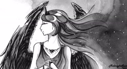 Size: 2560x1403 | Tagged: safe, artist:miidniightsuun, princess luna, human, ethereal mane, eyes closed, humanized, monochrome, solo, traditional art, winged humanization