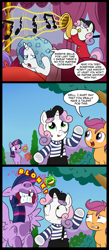 Size: 743x1700 | Tagged: safe, artist:madmax, rarity, scootaloo, sweetie belle, twilight sparkle, twilight sparkle (alicorn), alicorn, pony, unicorn, against glass, broken teeth, comic, crash, female, fourth wall, fox hunting, gone horribly right, invisible wall, irony, mare, mime, ouch, pantomime, sweetie fail, sweetie mime