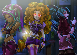 Size: 1600x1152 | Tagged: safe, artist:mauroz, adagio dazzle, aria blaze, sonata dusk, human, adagiazonga dazzle, aria bazookas, ass, bedroom eyes, belly button, bellyring, breasts, cleavage, clothes, corset, dark skin, female, fishnet stockings, glare, glowing eyes, humanized, lidded eyes, microphone, midriff, miniskirt, piercing, red eyes, skirt, socks, sonata donk, stockings, the dazzlings, thigh highs, unf, wide hips