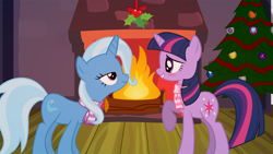 Size: 1920x1080 | Tagged: safe, artist:ravirr94, derpibooru import, trixie, twilight sparkle, pony, unicorn, blushing, christmas, christmas tree, clothes, cutie mark, female, fireplace, holly, holly mistaken for mistletoe, lesbian, mare, scarf, shipping, tree, twixie