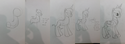 Size: 4500x1600 | Tagged: safe, artist:parclytaxel, princess luna, alicorn, pony, how to draw, lineart, monochrome, no tail, photo, sketch, solo, traditional art, tutorial