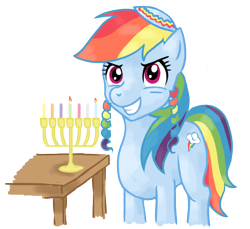 Size: 746x682 | Tagged: safe, artist:elegantmisreader, rainbow dash, pegasus, pony, hanukkah, judaism, menorah, payots, solo, yarmulke