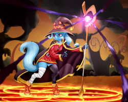 Size: 1875x1500 | Tagged: safe, artist:samum41, derpibooru import, trixie, anthro, unguligrade anthro, unicorn, belt, boots, cloak, clothes, dress, female, gloves, glow, hat, jewelry, konosuba, magic, mare, megumin, necklace, shoes, skirt, smiling, solo, staff, this will end in explosions, upskirt, wizard