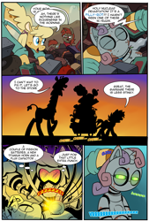 Size: 1483x2200 | Tagged: safe, artist:madmax, sweetie bot, oc, oc only, oc:annabelle, oc:double tap, giraffe, pony, robot, unicorn, fallout equestria, fallout equestria: anywhere but here, fallout equestria:shining hearts, comic, electronics, fanfic art, female, filly, foal, hooves, horn, junkyard, open mouth, wagon