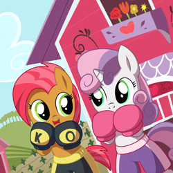 Size: 1500x1500 | Tagged: safe, artist:madmax, babs seed, sweetie belle, earth pony, pony, unicorn, bipedal, boxer, boxing, boxing gloves, clothes, duo, shorts, sweet apple acres