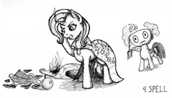 Size: 1280x733 | Tagged: safe, artist:sa1ntmax, derpibooru import, trixie, twilight sparkle, twilight sparkle (alicorn), alicorn, pony, unicorn, cup, food, grayscale, ink drawing, inktober, inktober 2018, monochrome, orange, teacup, traditional art