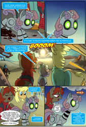 Size: 1483x2200 | Tagged: safe, artist:madmax, rarity, sweetie bot, oc, oc:annabelle, oc:double tap, giraffe, pony, robot, robot pony, unicorn, fallout equestria, fallout equestria: anywhere but here, fallout equestria:shining hearts, ants, blank flank, clothes, comic, does not compute, fanfic art, female, filly, foal, giant ant, hooves, horn, mushroom cloud, mutant, open mouth, post-apocalyptic, solo, wasteland