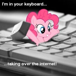 Size: 375x375 | Tagged: safe, pinkie pie, earth pony, pony, arms in the air, artifact, bronybait, caption, female, grin, happy, i hid in your keyboard, image macro, join the herd, keyboard, looking down, mare, meme, ponibooru, smiling, solo, welcome to the herd