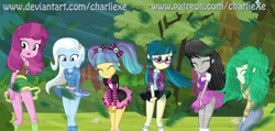 Size: 777x369 | Tagged: safe, artist:charliexe, derpibooru import, cheerilee, juniper montage, octavia melody, pixel pizazz, trixie, wallflower blush, equestria girls, equestria girls (movie), equestria girls series, forgotten friendship, movie magic, rainbow rocks, spoiler:eqg specials, barrette, baubles, bowtie, breasts, clothes, covering, cutie mark on clothes, dress, embarrassed, eyes closed, female, forest, freckles, glasses, grass, hairclip, hoodie, leaf, legs, looking back, looking down, messy hair, miniskirt, open mouth, pants, patreon, pigtails, schrödinger's pantsu, sextet, shirt, show accurate, skirt, skirt lift, socks, standing, strategically covered, sweater, sweater vest, the windy six, thighs, tree, twintails, upskirt, upskirt denied, vest, wind