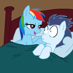 Size: 500x499 | Tagged: safe, artist:jcking101, artist:madmax, rainbow dash, soarin', pegasus, pony, aftersex ponies, female, implied sex, male, morning after, pillow, shipping, soarindash, straight, surprised, wide eyes