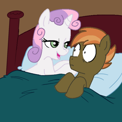 Size: 500x500 | Tagged: safe, artist:jcking101, artist:madmax, edit, button mash, sweetie belle, pony, female, implied sex, male, morning after, older, pillow, shipping, straight, surprised, sweetiemash, wide eyes