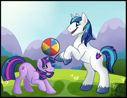 Size: 1000x772 | Tagged: safe, artist:sciggles, shining armor, twilight sparkle, pony, unicorn, beach ball, brother and sister, female, horn, male, mare, siblings, stallion