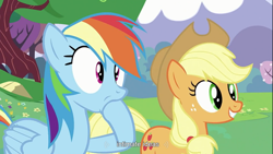 Size: 1366x768 | Tagged: safe, screencap, applejack, rainbow dash, earth pony, pegasus, pony, youtube caption, youtube link