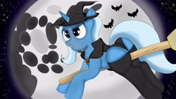 Size: 3862x2172 | Tagged: safe, artist:hamsandwich, derpibooru import, trixie, pony, unicorn, broom, clothes, flying, flying broomstick, full moon, hat, moon, night, plot, pumkin, socks, underwear, witch, witch hat