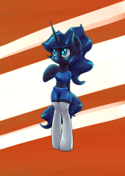 Size: 1280x1810 | Tagged: safe, artist:lovelyneckbeard, princess luna, alicorn, pony, semi-anthro, alternate hairstyle, belly button, bipedal, clothes, midriff, short shirt, socks, solo, thigh highs